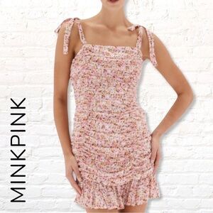 Minkpink Delphine Little Darling Cream and Pink Floral Ruched Mini Dress Large